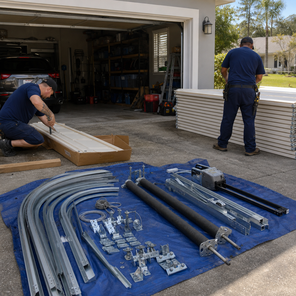 Garage door installation with parts laid out