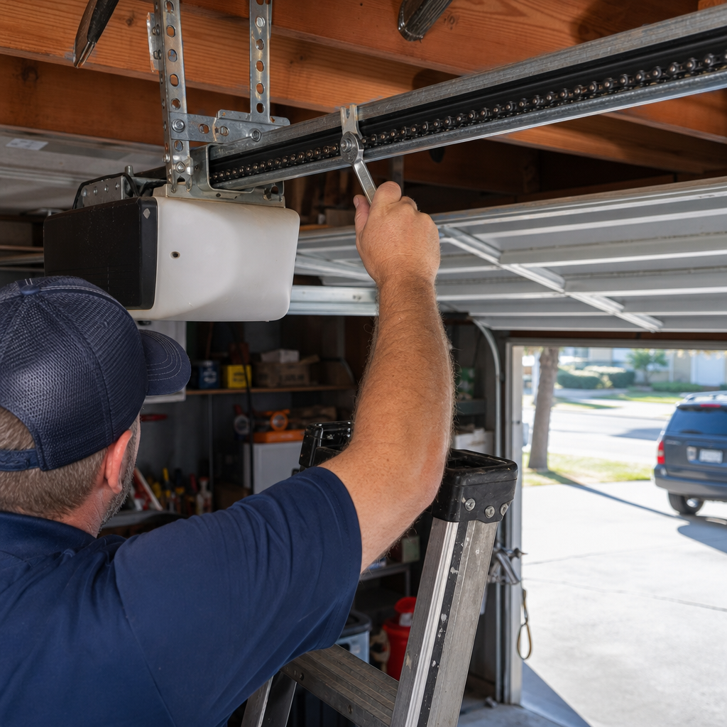 Technician adjusting garage door opener chain