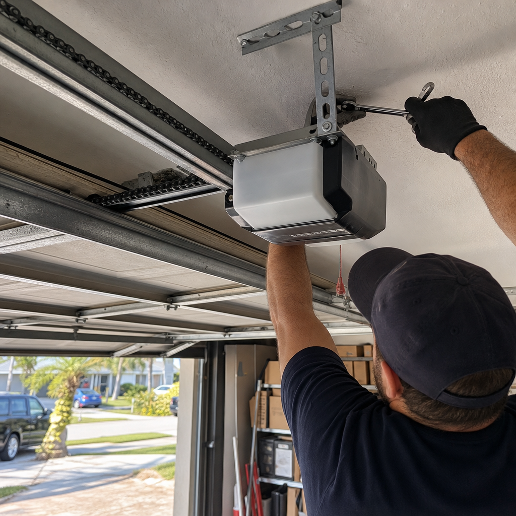 Professional installs garage door opener with wrench