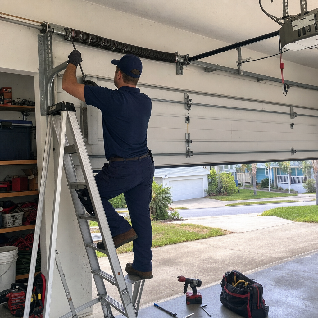 Garage door repair technician adjusting spring on overhead door