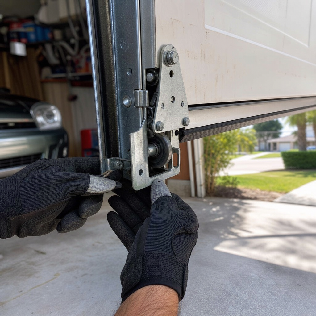 Gloved hand adjusts roller on garage door for emergency repair. in Jacksonville Beach, FL