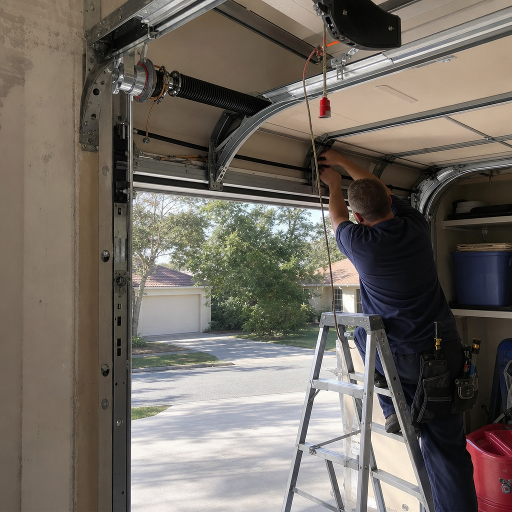 Garage door parts maintenance by a professional on a ladder. in Jacksonville Beach, FL