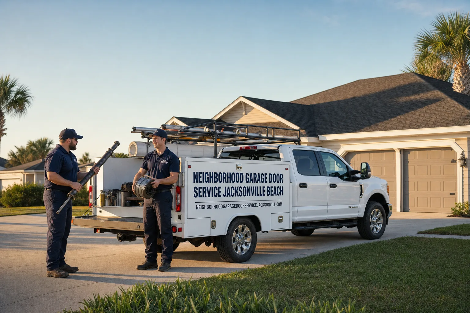 Neighborhood Garage Door Service Jacksonville Beach service vehicle and crew in Jacksonville Beach, FL